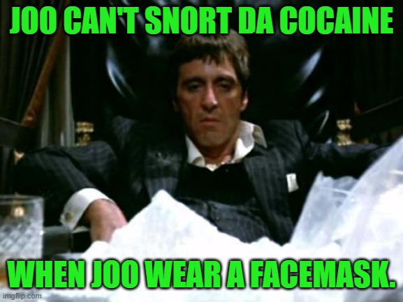 Scarface Cocaine | JOO CAN'T SNORT DA COCAINE WHEN JOO WEAR A FACEMASK. | image tagged in scarface cocaine | made w/ Imgflip meme maker