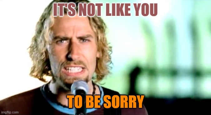 Nickleback | IT'S NOT LIKE YOU TO BE SORRY | image tagged in nickleback | made w/ Imgflip meme maker