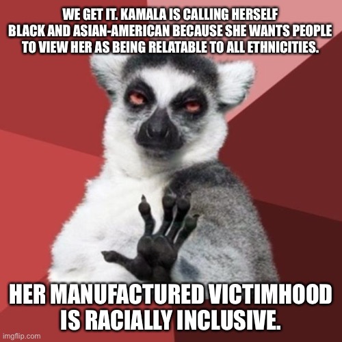 Kamala the Pandering Blasian | WE GET IT. KAMALA IS CALLING HERSELF BLACK AND ASIAN-AMERICAN BECAUSE SHE WANTS PEOPLE TO VIEW HER AS BEING RELATABLE TO ALL ETHNICITIES. HER MANUFACTURED VICTIMHOOD IS RACIALLY INCLUSIVE. | image tagged in memes,chill out lemur,kamala harris,asian,black,race | made w/ Imgflip meme maker