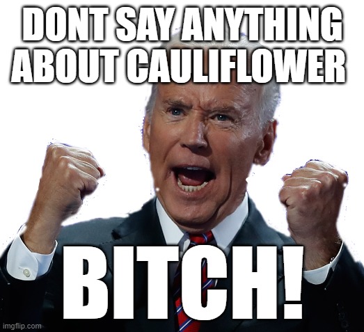 Joe Bidens response to AOC when she asked if she should talk about racist Cauliflowers in her 60 seconds at the Convention. | DONT SAY ANYTHING ABOUT CAULIFLOWER; BITCH! | image tagged in joe biden,biden always angry,biden senility,aoc cauliflowers are racist,aoc you stupid bitch | made w/ Imgflip meme maker