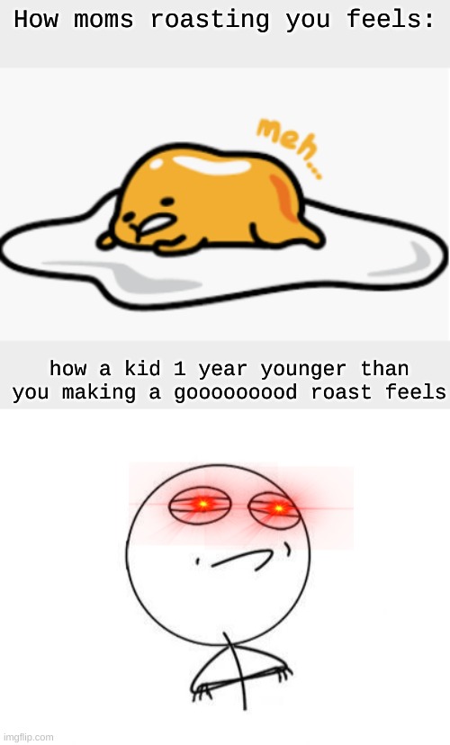 roasted | How moms roasting you feels:; how a kid 1 year younger than you making a gooooooood roast feels | image tagged in memes,challenge accepted rage face,meh | made w/ Imgflip meme maker
