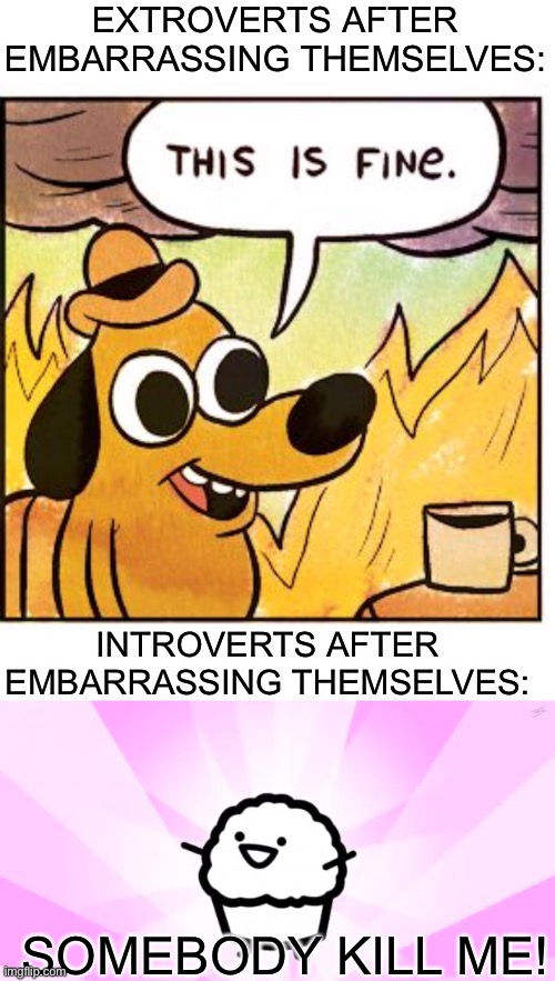I just did this |  EXTROVERTS AFTER EMBARRASSING THEMSELVES:; INTROVERTS AFTER EMBARRASSING THEMSELVES:; SOMEBODY KILL ME! | image tagged in blank white template,somebody kill me asdf,memes,this is fine,funny | made w/ Imgflip meme maker