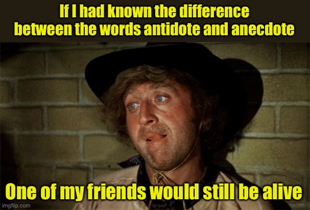 It’s important to have a good vocabulary | If I had known the difference between the words antidote and anecdote; One of my friends would still be alive | image tagged in gene wilder,vocabulary | made w/ Imgflip meme maker