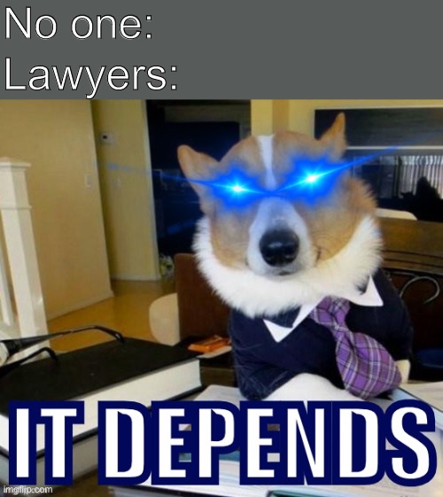 That will be $500 | No one:; Lawyers: | image tagged in it depends lawyer corgi dog,lawyers,lawyer dog,lawyer,lawyer corgi dog,nobody absolutely no one | made w/ Imgflip meme maker