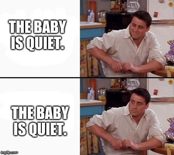 Comprehending Joey | THE BABY IS QUIET. THE BABY IS QUIET. | image tagged in comprehending joey | made w/ Imgflip meme maker