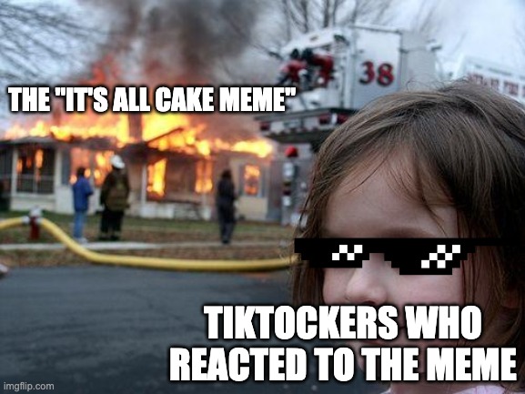 Its All Cake | THE "IT'S ALL CAKE MEME"; TIKTOCKERS WHO REACTED TO THE MEME | image tagged in memes,disaster girl | made w/ Imgflip meme maker
