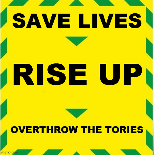 COVID Revolution | SAVE LIVES; RISE UP; OVERTHROW THE TORIES | image tagged in uk covid slogan | made w/ Imgflip meme maker