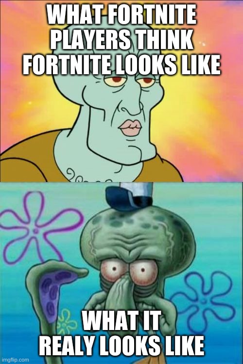 Squidward | WHAT FORTNITE PLAYERS THINK FORTNITE LOOKS LIKE; WHAT IT REALY LOOKS LIKE | image tagged in memes,squidward | made w/ Imgflip meme maker