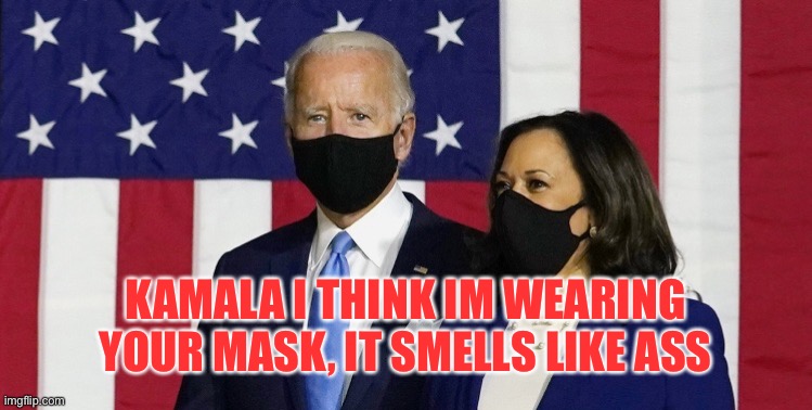 Kamarat & Schmo | KAMALA I THINK IM WEARING YOUR MASK, IT SMELLS LIKE ASS | image tagged in joe schmoe and cumalot | made w/ Imgflip meme maker