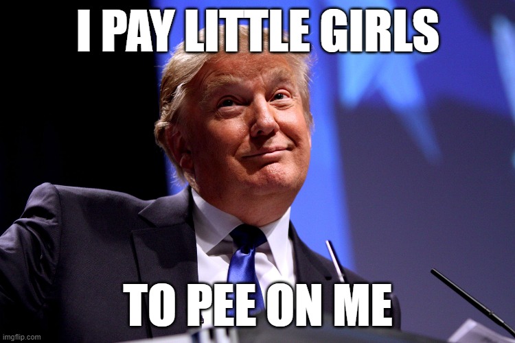 Golden PEE PEE Pedophile Donald Trump Go No1 | I PAY LITTLE GIRLS; TO PEE ON ME | image tagged in donald trump no2,donald trump approves,donald trump the clown,golden showers,pedophile,pedophiles | made w/ Imgflip meme maker