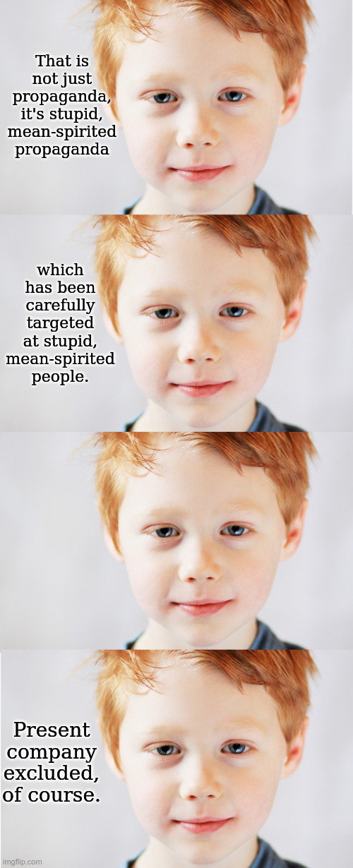 Stupid, mean-spirited propaganda aimed at stupid mean-spirited people | That is not just propaganda, it's stupid, mean-spirited propaganda; which has been
carefully targeted
at stupid,
mean-spirited people. Present company excluded, of course. | image tagged in calm and contented red-headed boy x4,propaganda,stupid,present company excluded,mean-spirited,politics | made w/ Imgflip meme maker