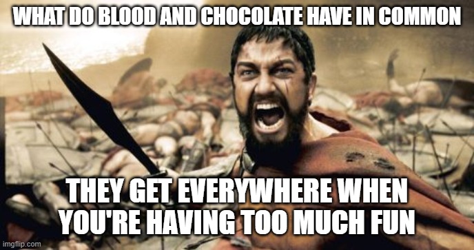 Sparta Leonidas | WHAT DO BLOOD AND CHOCOLATE HAVE IN COMMON; THEY GET EVERYWHERE WHEN YOU'RE HAVING TOO MUCH FUN | image tagged in memes,sparta leonidas | made w/ Imgflip meme maker
