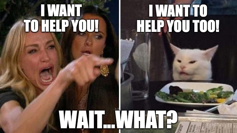 I want to help you! | I WANT TO HELP YOU TOO! I WANT TO HELP YOU! WAIT...WHAT? | image tagged in girls vs cat,helping,mutual aid,helping not yelling,wait what | made w/ Imgflip meme maker