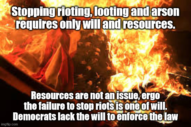 Riots can be stopped | Stopping rioting, looting and arson
requires only will and resources. Resources are not an issue, ergo
the failure to stop riots is one of will.
Democrats lack the will to enforce the law | image tagged in rioting | made w/ Imgflip meme maker