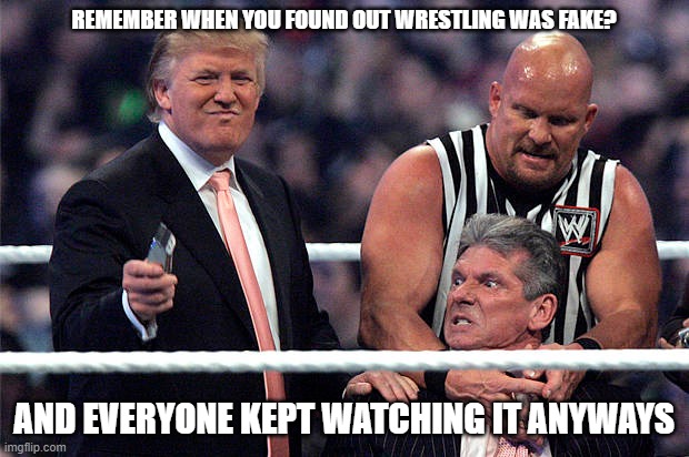 fake | REMEMBER WHEN YOU FOUND OUT WRESTLING WAS FAKE? AND EVERYONE KEPT WATCHING IT ANYWAYS | image tagged in hoax | made w/ Imgflip meme maker