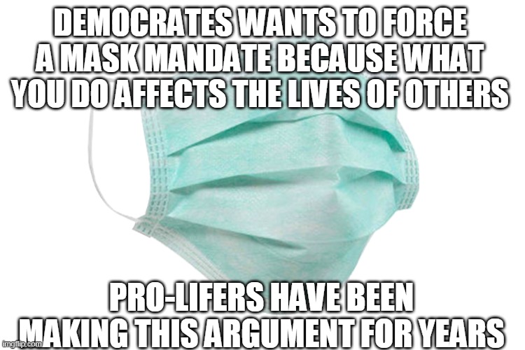 Face mask | DEMOCRATES WANTS TO FORCE A MASK MANDATE BECAUSE WHAT YOU DO AFFECTS THE LIVES OF OTHERS; PRO-LIFERS HAVE BEEN MAKING THIS ARGUMENT FOR YEARS | image tagged in face mask | made w/ Imgflip meme maker