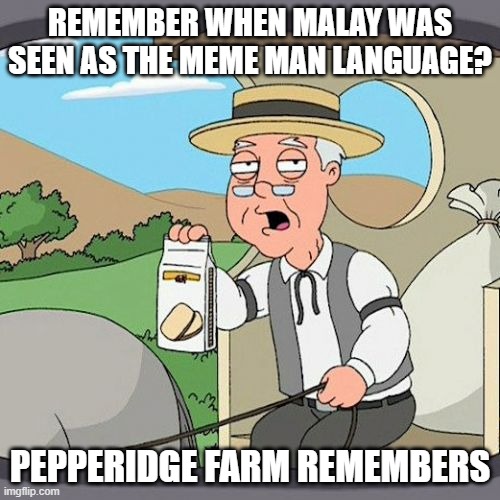 Pepperidge Farm Remembers | REMEMBER WHEN MALAY WAS SEEN AS THE MEME MAN LANGUAGE? PEPPERIDGE FARM REMEMBERS | image tagged in memes,pepperidge farm remembers,meme man,malay,language | made w/ Imgflip meme maker