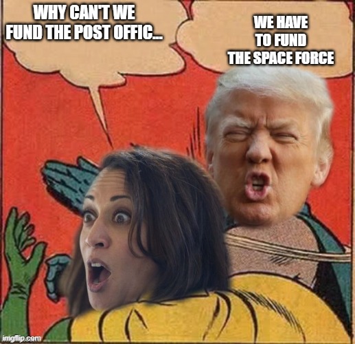 Trump Slap | WE HAVE TO FUND THE SPACE FORCE; WHY CAN'T WE FUND THE POST OFFIC... | image tagged in trump slap | made w/ Imgflip meme maker