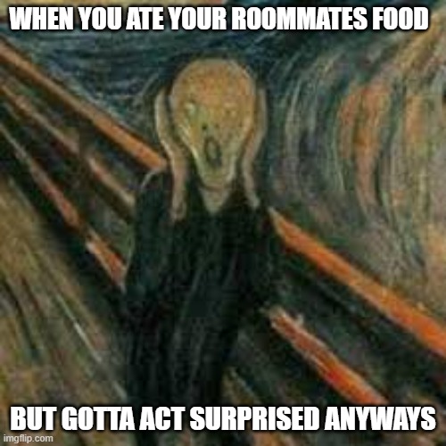 "It's all gone? oh nooooo!" |  WHEN YOU ATE YOUR ROOMMATES FOOD; BUT GOTTA ACT SURPRISED ANYWAYS | image tagged in funny,relatable,roommates | made w/ Imgflip meme maker