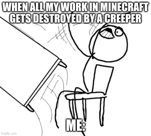 Happens to often | WHEN ALL MY WORK IN MINECRAFT GETS DESTROYED BY A CREEPER; ME: | image tagged in memes,table flip guy | made w/ Imgflip meme maker