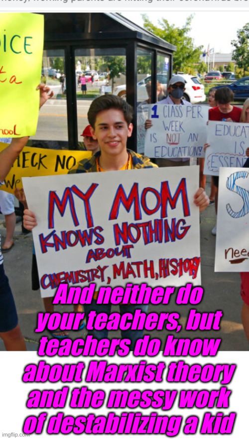 Thanks for protecting you and protecting me. Oh sorry, I left my "I Care More Than You" mask in my car. | And neither do your teachers, but teachers do know about Marxist theory and the messy work of destabilizing a kid | image tagged in student,dupe,protest,indoctrination,school | made w/ Imgflip meme maker