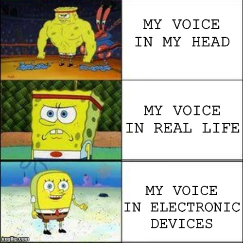 SpongeBob strong to weak | MY VOICE IN MY HEAD; MY VOICE IN REAL LIFE; MY VOICE IN ELECTRONIC DEVICES | image tagged in spongebob strong to weak | made w/ Imgflip meme maker