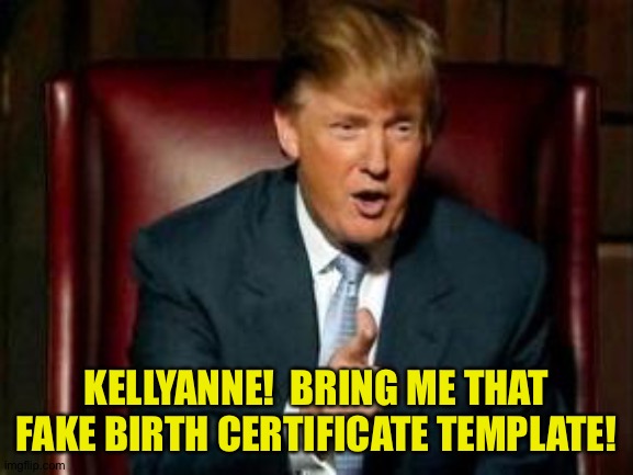 Donald Trump | KELLYANNE!  BRING ME THAT FAKE BIRTH CERTIFICATE TEMPLATE! | image tagged in donald trump | made w/ Imgflip meme maker