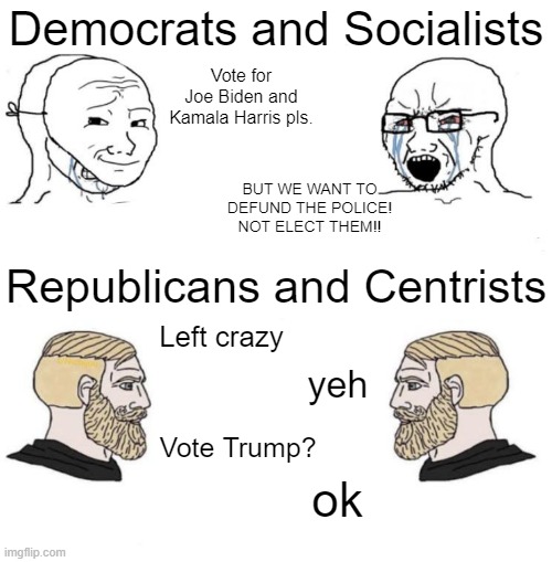 Chad we know | Democrats and Socialists; Vote for Joe Biden and Kamala Harris pls. BUT WE WANT TO DEFUND THE POLICE! NOT ELECT THEM!! Republicans and Centrists; Left crazy; yeh; Vote Trump? ok | image tagged in chad we know,election 2020,trump,kamala harris,socialists,crying democrats | made w/ Imgflip meme maker