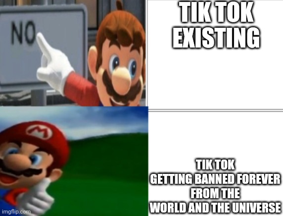 Mario Drakeposting | TIK TOK EXISTING; TIK TOK GETTING BANNED FOREVER FROM THE WORLD AND THE UNIVERSE | image tagged in mario drakeposting | made w/ Imgflip meme maker