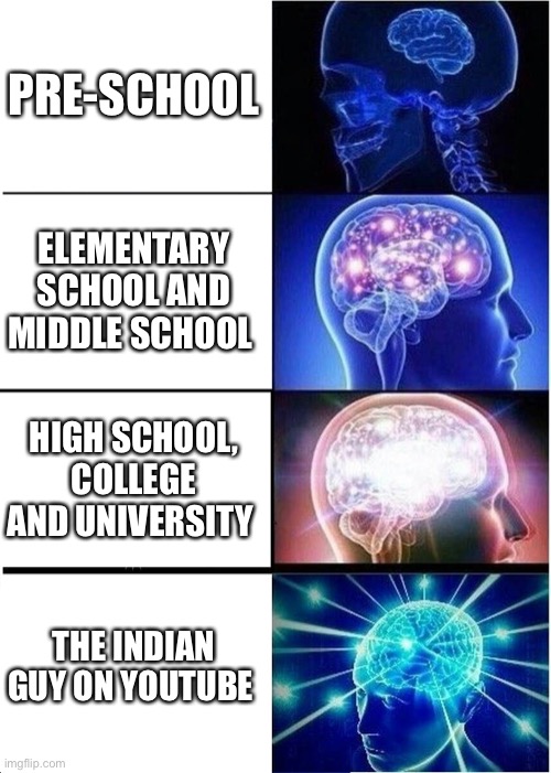 Expanding Brain | PRE-SCHOOL; ELEMENTARY SCHOOL AND MIDDLE SCHOOL; HIGH SCHOOL, COLLEGE AND UNIVERSITY; THE INDIAN GUY ON YOUTUBE | image tagged in memes,expanding brain | made w/ Imgflip meme maker