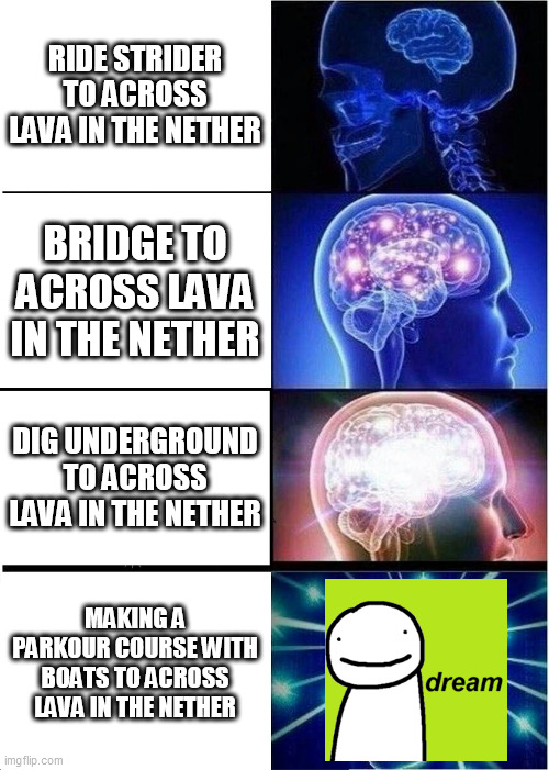 My Minecraft Meme #11 | RIDE STRIDER TO ACROSS LAVA IN THE NETHER; BRIDGE TO ACROSS LAVA IN THE NETHER; DIG UNDERGROUND TO ACROSS LAVA IN THE NETHER; MAKING A PARKOUR COURSE WITH BOATS TO ACROSS LAVA IN THE NETHER | image tagged in memes,expanding brain | made w/ Imgflip meme maker