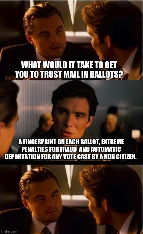 Our trust issues are your fault | WHAT WOULD IT TAKE TO GET YOU TO TRUST MAIL IN BALLOTS? A FINGERPRINT ON EACH BALLOT, EXTREME PENALTIES FOR FRAUD  AND AUTOMATIC DEPORTATION FOR ANY VOTE CAST BY A NON CITIZEN. | image tagged in memes,inception,our trust issues are your fault,vote fraud is real,never trust a democrat,stop voter fraud | made w/ Imgflip meme maker