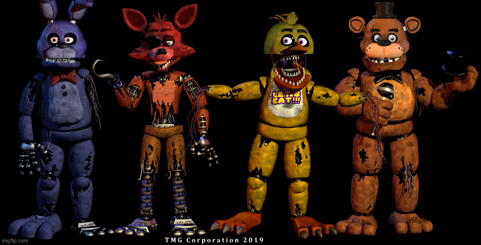Withered animatronics with thier new masks | image tagged in fnaf2 | made w/ Imgflip meme maker