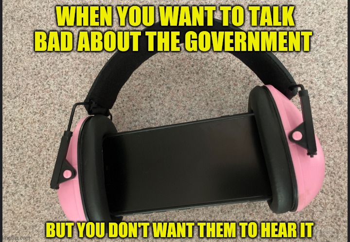Earmuffs! | WHEN YOU WANT TO TALK BAD ABOUT THE GOVERNMENT; BUT YOU DON'T WANT THEM TO HEAR IT | image tagged in liberty,earmuffs,nsa,spygate,america | made w/ Imgflip meme maker