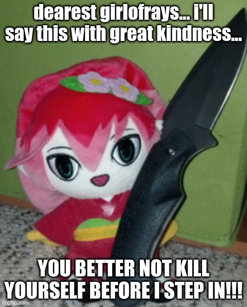 I don't wanna lose you... TnT | dearest girlofrays... i'll say this with great kindness... YOU BETTER NOT KILL YOURSELF BEFORE I STEP IN!!! | image tagged in knife camellia,memes,girlofrays,suicide,no no no,stay with me | made w/ Imgflip meme maker