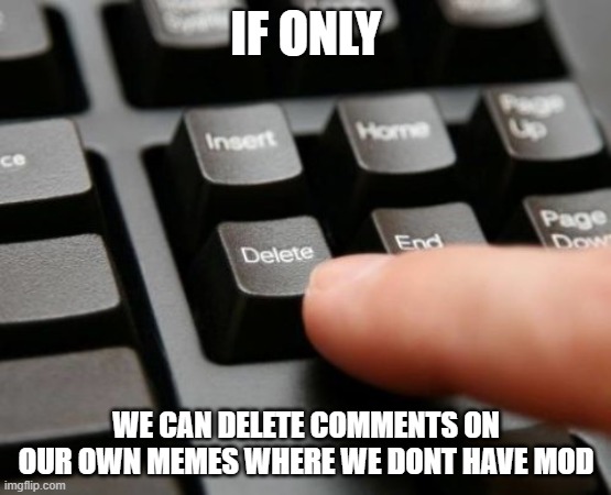 Delete | IF ONLY; WE CAN DELETE COMMENTS ON OUR OWN MEMES WHERE WE DONT HAVE MOD | image tagged in delete | made w/ Imgflip meme maker