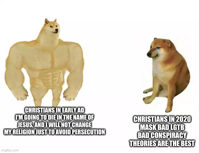 this has already been made multiple times, but i agree | CHRISTIANS IN EARLY AD
I'M GOING TO DIE IN THE NAME OF JESUS, AND I WILL NOT CHANGE MY RELIGION JUST TO AVOID PERSECUTION; CHRISTIANS IN 2020
MASK BAD LGTB BAD CONSPIRACY THEORIES ARE THE BEST | image tagged in buff doge vs cheems | made w/ Imgflip meme maker