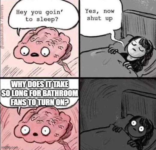Last night. |  WHY DOES IT TAKE SO LONG FOR BATHROOM FANS TO TURN ON? | image tagged in waking up brain,funny memes,bathroom,fan,puppies and kittens | made w/ Imgflip meme maker