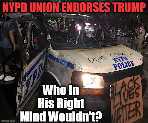 Civility, Law & Order OR Chaos & Mayhem? | NYPD UNION ENDORSES TRUMP; Who In His Right Mind Wouldn't? | image tagged in politics,political meme,donald trump,democratic socialism,liberalism,conservatism | made w/ Imgflip meme maker