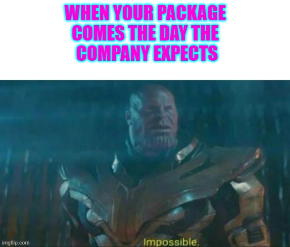 Thanos Impossible | WHEN YOUR PACKAGE
COMES THE DAY THE
 COMPANY EXPECTS | image tagged in thanos impossible | made w/ Imgflip meme maker