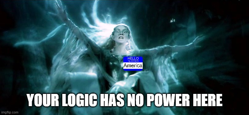 angry galadriel | YOUR LOGIC HAS NO POWER HERE | image tagged in angry galadriel | made w/ Imgflip meme maker