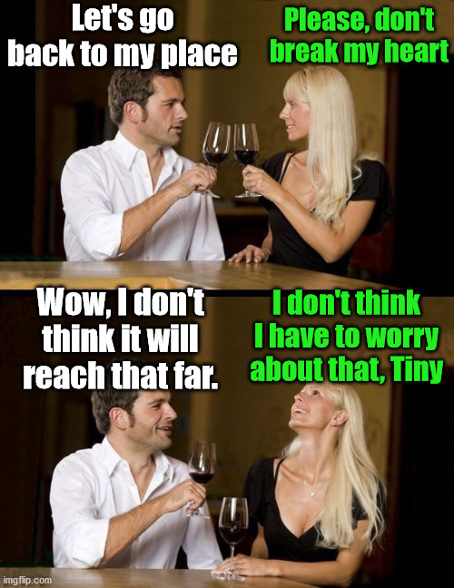 couple drinking | Let's go back to my place; Please, don't break my heart; Wow, I don't think it will reach that far. I don't think I have to worry about that, Tiny | image tagged in couple drinking | made w/ Imgflip meme maker