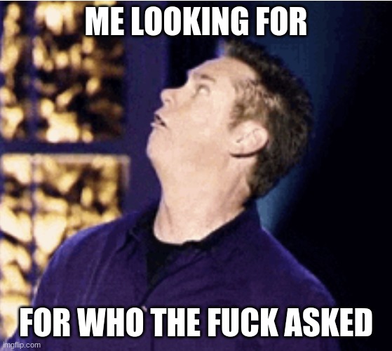 Me looking for who asked | ME LOOKING FOR FOR WHO THE FUCK ASKED | image tagged in me looking for who asked | made w/ Imgflip meme maker