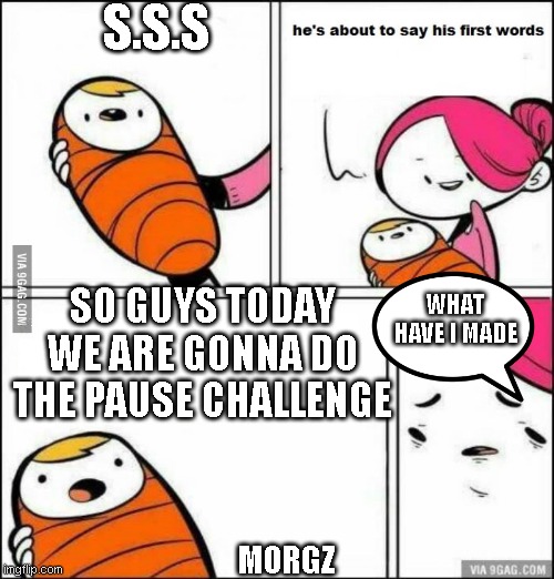 so guys today we are gonna say our first words | S.S.S; SO GUYS TODAY WE ARE GONNA DO THE PAUSE CHALLENGE; WHAT HAVE I MADE; MORGZ | image tagged in he is about to say his first words,morgz | made w/ Imgflip meme maker