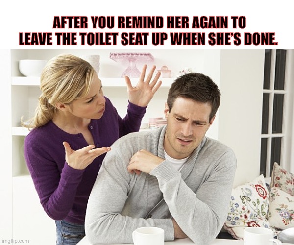 I had to remind her.........AGAIN | AFTER YOU REMIND HER AGAIN TO LEAVE THE TOILET SEAT UP WHEN SHE’S DONE. | image tagged in pissed-off patty,argument,fighting,toilet seat,memes,funny | made w/ Imgflip meme maker