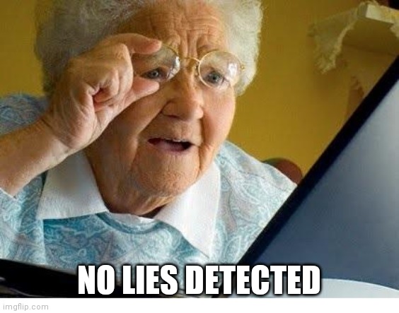 old lady at computer | NO LIES DETECTED | image tagged in old lady at computer | made w/ Imgflip meme maker