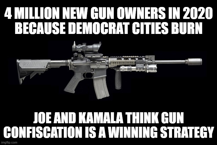 Burning, looting, BLM Marxism, Antifa thugs and defund the police is a great strategy. Hahaha. | 4 MILLION NEW GUN OWNERS IN 2020
BECAUSE DEMOCRAT CITIES BURN; JOE AND KAMALA THINK GUN CONFISCATION IS A WINNING STRATEGY | image tagged in ar15,election 2020 | made w/ Imgflip meme maker