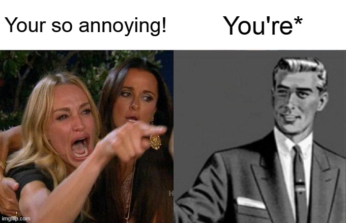Woman Yelling At Cat Meme | Your so annoying! You're* | image tagged in memes,woman yelling at cat,correction guy,kill yourself guy | made w/ Imgflip meme maker