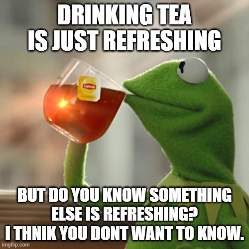 Oh KeRmiE | DRINKING TEA IS JUST REFRESHING; BUT DO YOU KNOW SOMETHING ELSE IS REFRESHING? I THNIK YOU DONT WANT TO KNOW. | image tagged in memes,but that's none of my business,kermit the frog | made w/ Imgflip meme maker