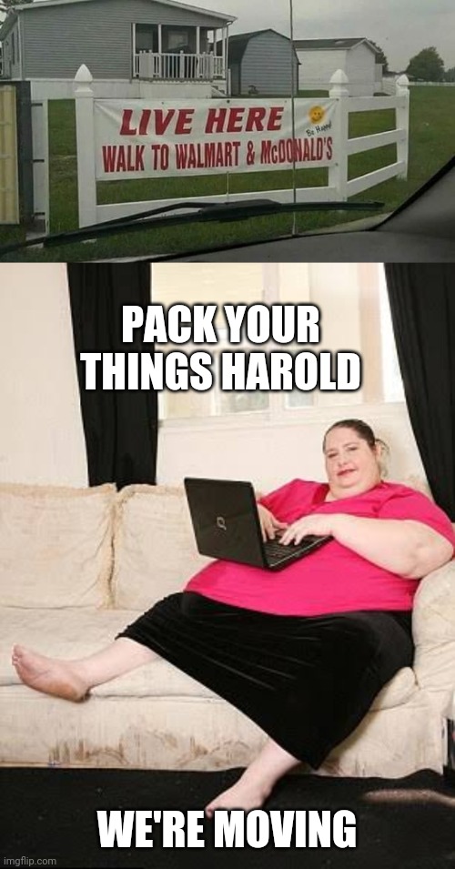 PERFECT LOCATION FOR FAT PEOPLE | PACK YOUR THINGS HAROLD; WE'RE MOVING | image tagged in fat woman on computer,walmart,mcdonalds,trailer park | made w/ Imgflip meme maker